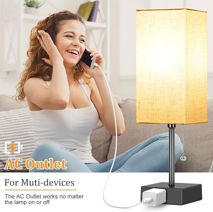 Table Lamp for Bedroom set of 2,3-Color Bedside Lamps with Pull Chain Table Lamps for Nightstand with AC Outlets,Night Light Lamps with 2 Bulbs Lamps for Living Room Kids Office Decor（Black+Cream）