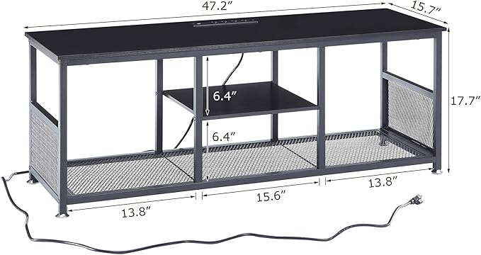 VECELO TV Stand with Power Outlets for Televisions up to 55 Inch, 47" Media Entertainment Center with Charging Station 3-Tier Open Storage Shelves with Metal Frame for Living Room/Bedroom，Black