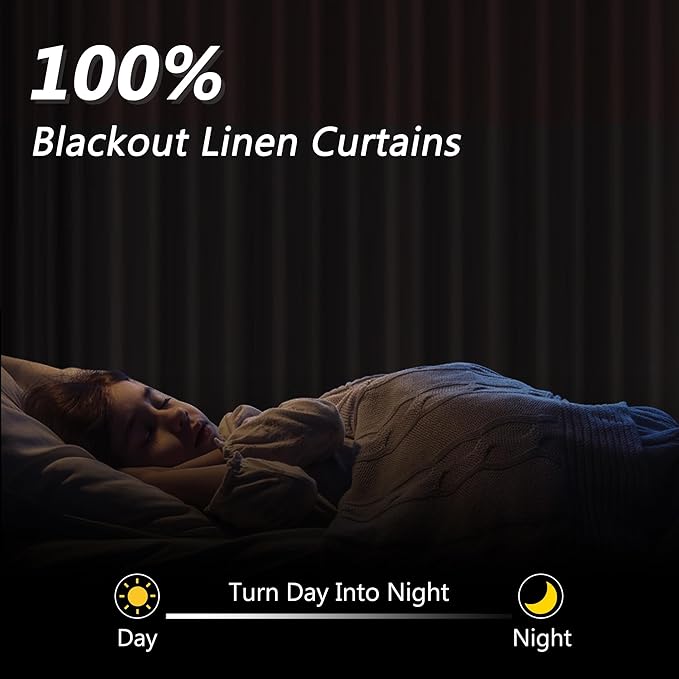 Guken Blue Linen Blackout Curtains 96 Inch Length 2 Panels Set for Living Room Bedroom Back Tab Thermal Insulated 100% Black Out Linen Drapes Room Darkening Window Curtains 96 Inches Long Dusty Blue