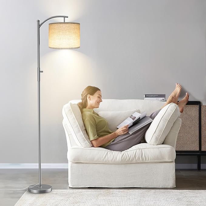 ROTTOGOON Dimmable Floor Lamp, Arc Floor Lamps for Living Room, Stepless Dimming Modern Standing Lamp with Linen Shade, Tall Lamp for Bedroom Office Dining Room- Silver