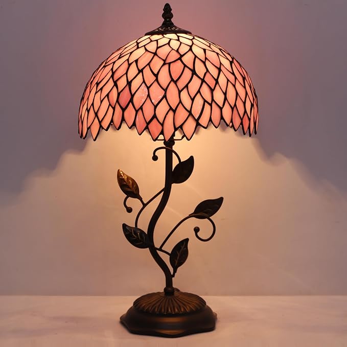 Tiffany Table Lamp, Stained Glass Desk Light, W12H19 Inch, Metal Leaf Base (Pink Wisteria)
