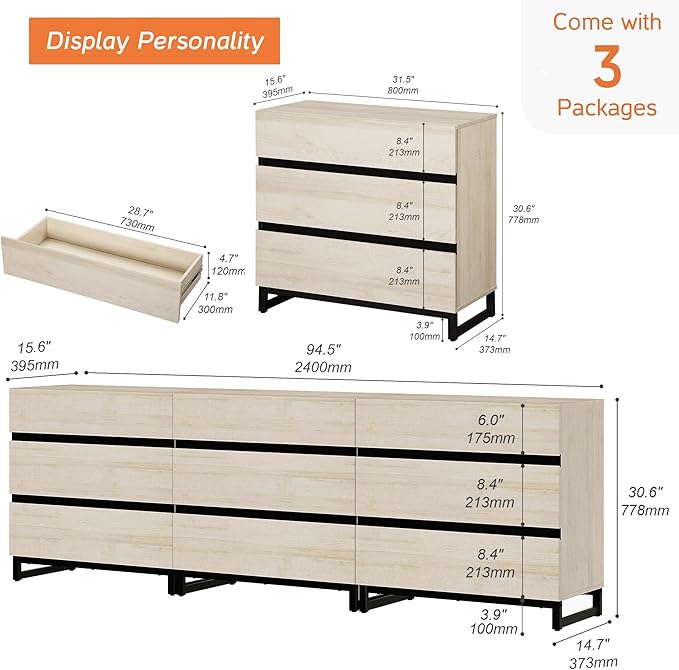 WAMPAT Dresser for Bedroom, Closet Organizers and Storage with 9 Drawers, Chest of Drawers with Metal Base, Wooden Modern Dresser for Living Room, Bedroom, Entryway, Light Oak