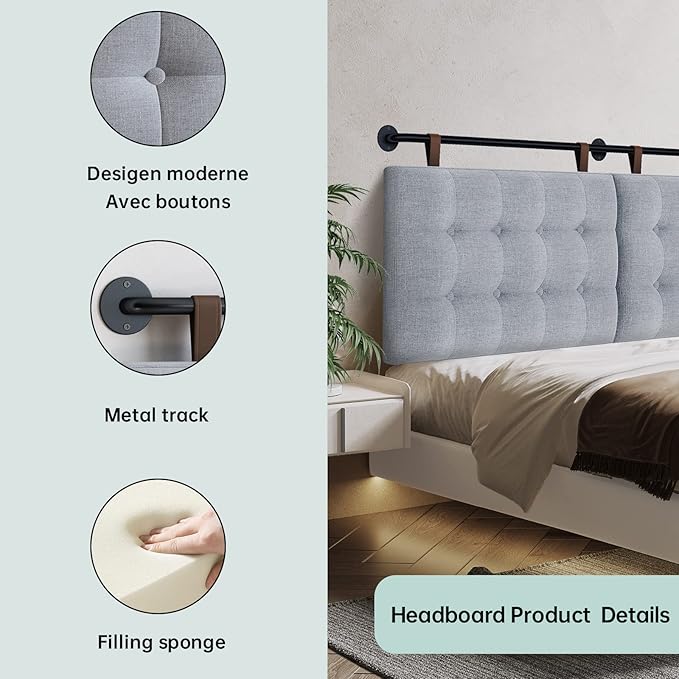 Headboard Queen Size Headboards for Adjustable Bed Tufted Upholstered Head Board Only Gray Headboards, Fabric Line Headboard in Modern Button Design Bedroom(Gray, Queen)