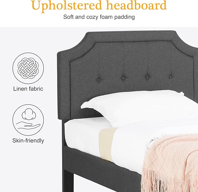 VECELO Twin Size Platform Bed Frame with Fabric Upholstered Headboard and Wooden Slats Support, No Box Spring Needed/Easy Assembly,Grey
