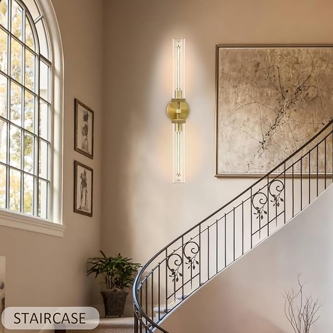 30" Bathroom Wall Sconce, Brass Wall Sconces Hardwired, Gold Wall Sconce Dimmable, Knurled Linear Sconces Wall Lighting with Glass Tube, Vanity Light for Bathroom, Living Room, Bedroom