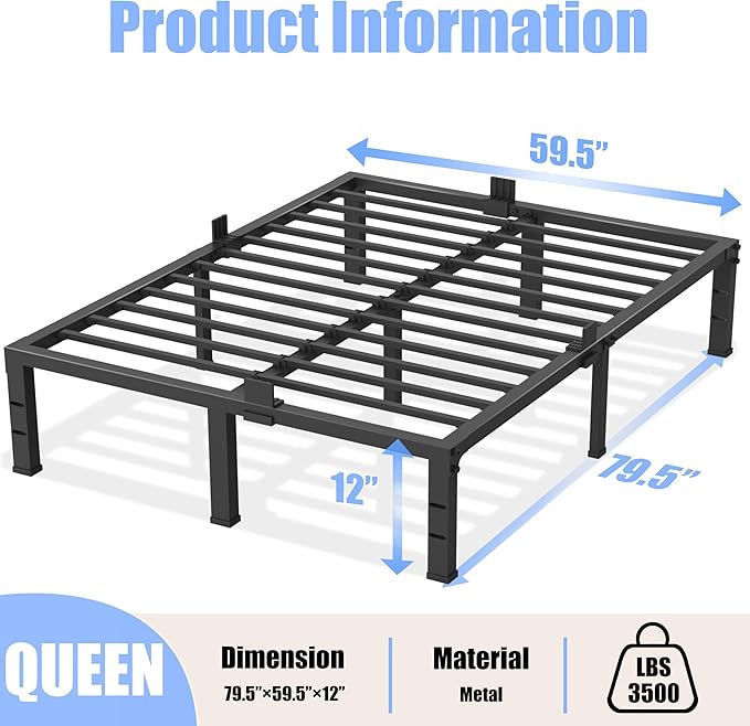 Queen Bed Frame 12 inch High 3500 lbs Heavy Duty Metal Platform Mattress Foundation with Steel Slat Support/No Box Spring Needed/Noise Free/Non-Slip/Easy Assembly