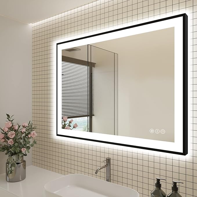 48x36 LED Bathroom Mirrors for Wall - Black Aluminum Framed(Front and Backlit),Anti-Fog Vanity Mirror with Lights,Stepless Dimmable Lighted Mirror,3 Colors Smart Mirror(Horizontal/Vertical)