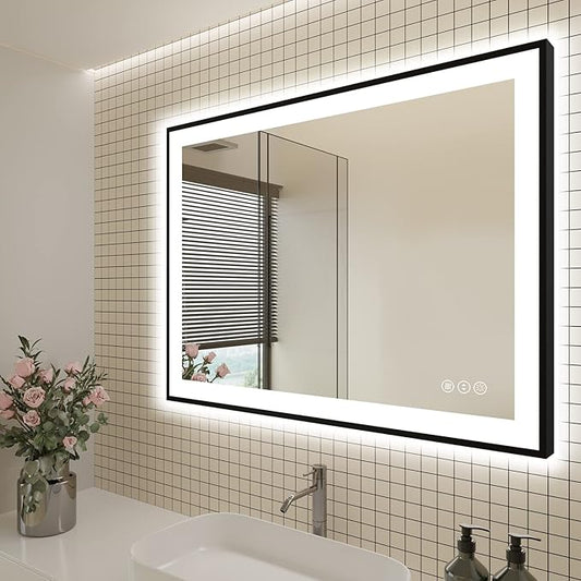 48x36 LED Bathroom Mirrors for Wall - Black Aluminum Framed(Front and Backlit),Anti-Fog Vanity Mirror with Lights,Stepless Dimmable Lighted Mirror,3 Colors Smart Mirror(Horizontal/Vertical)
