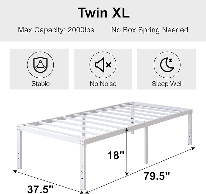 18 Inch Twin XL Bed Frame Heavy Duty No Box Spring Needed Metal Platform with Maximum Storage, Easy to Assembly, Noise Free, White