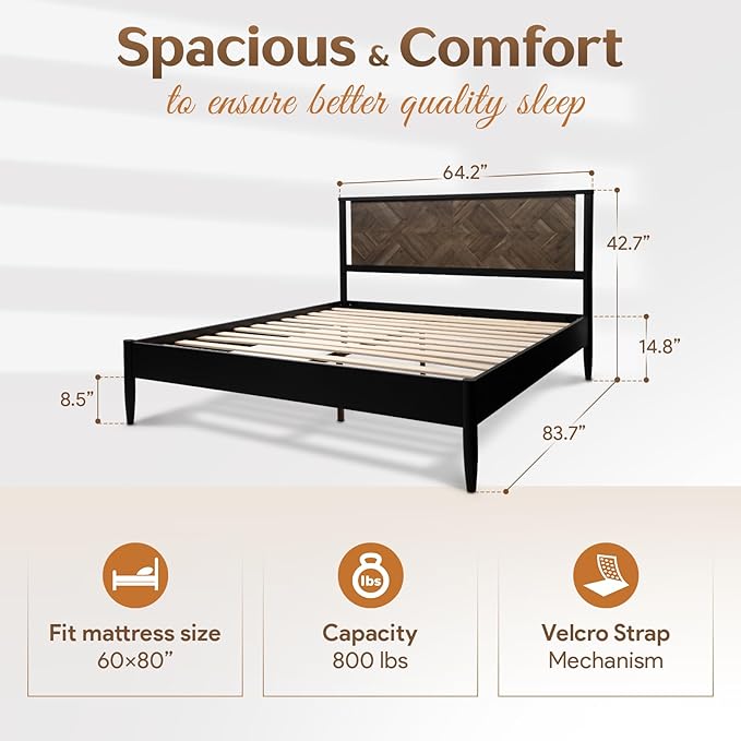 Lenia 14-Inch Queen Size Platform Bed Frame with Headboard – Heavy Duty Acacia Wood, Mid-Century Modern Style, 12 Slats for Support, No Box Spring Needed, Noise-Free, Easy Assembly, Mocha Black