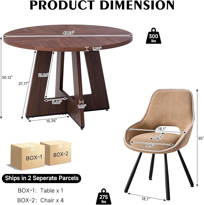 47" Round Dining Room Table Set for 4, [Fanned Base] [1.38" Thick Top] Wood Kitchen Table with 4 Swivel Dining Chairs