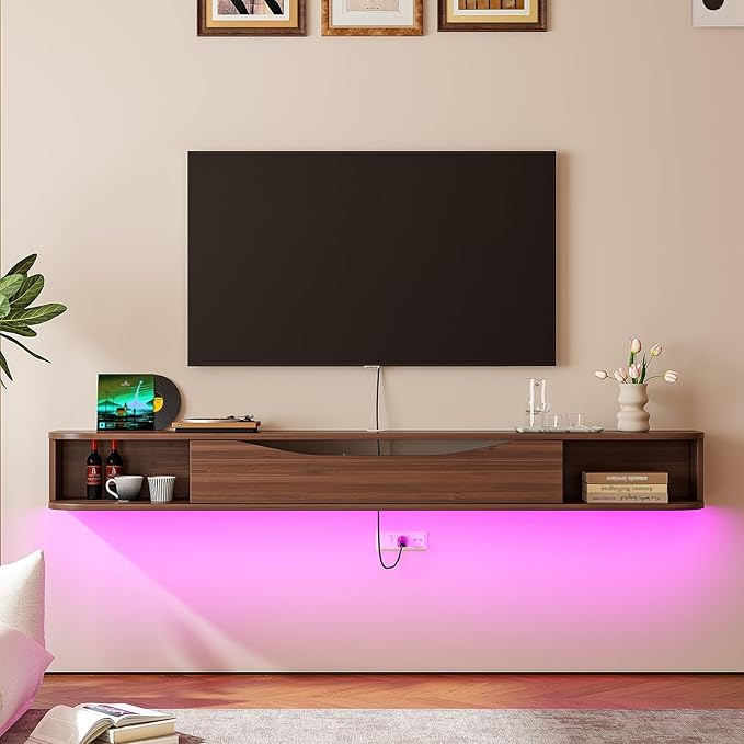 Floating TV Stand,70'' Wall Mounted TV Cabinet,Floating TV Console,Under TV Shelf with 1 Door and 2 Cabinets for TVs up to 75''(Walnut)