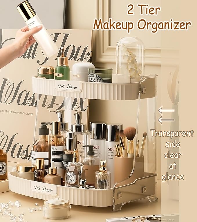 Skincare Organizers 2 Tier, Makeup Organizer Countertop, Cosmetic Display Cases, Makeup＆Skincare Organizer for Vanity, Desktop, Bathroon, Ideal Gifts for Women (Beige-2 Tier)