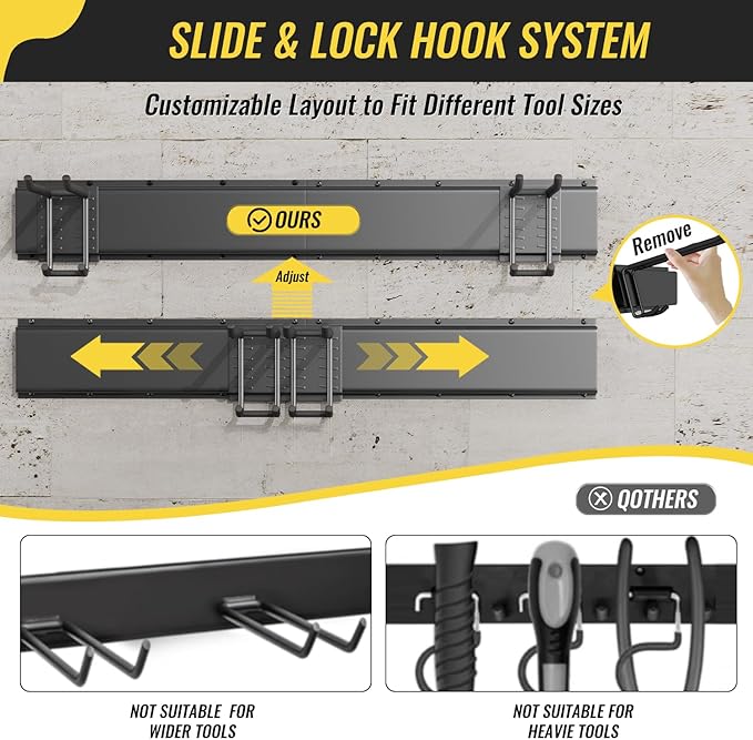 Garage Tool Rack Wall Mount – 64 inches Heavy-Duty Garden Tool Holder with 8 Adjustable Hanging Hooks – Garage Wall Storage Organizer for Shovel, Rake – Max Load 720 lbs (64 inch)