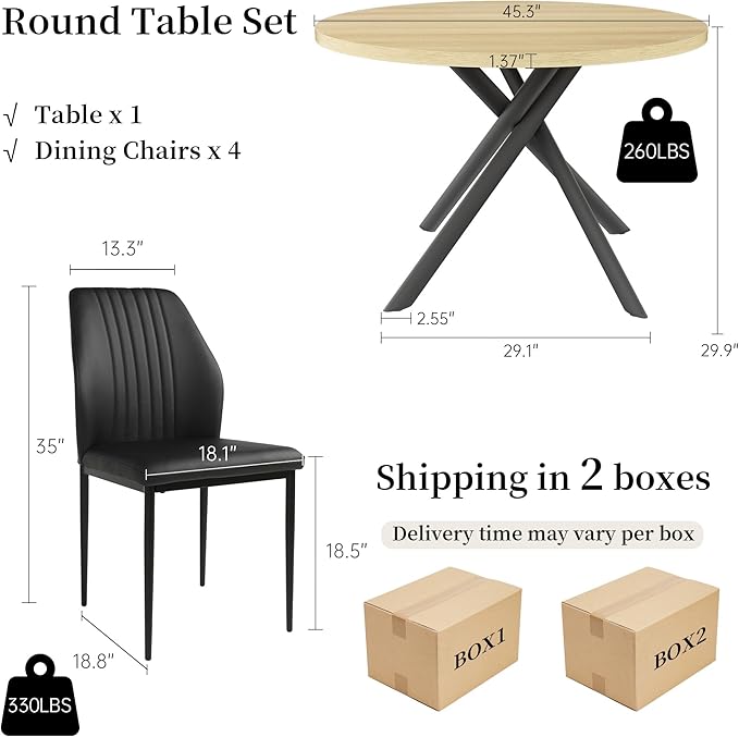 45.3 Inch Round Dining Table Set for 4, Mid Century Modern Coffee Set for Dining Room Kitchen Apartment (Cream Table + 4 Black Chairs)