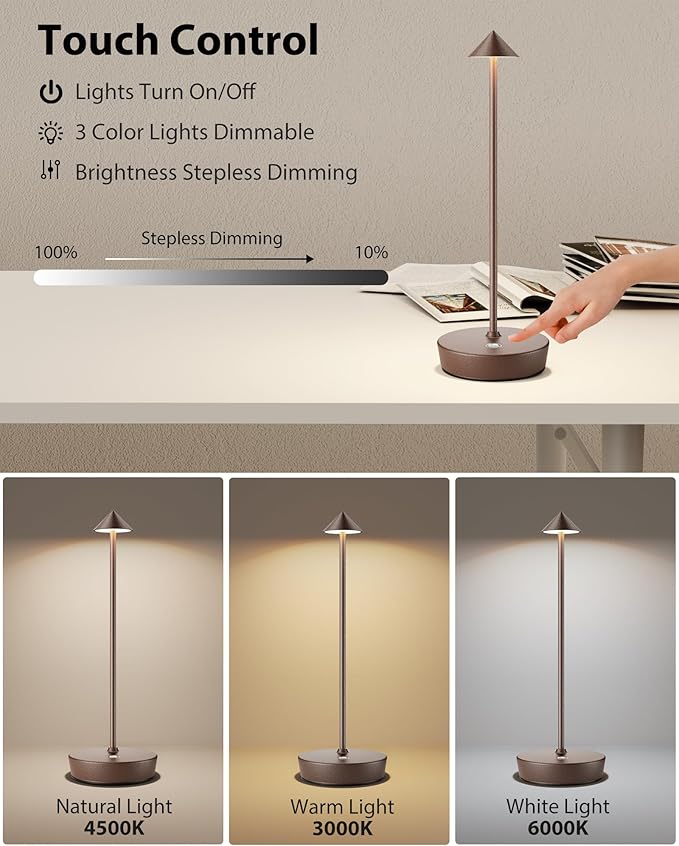 Cordless Table Lamps Rechargeable, 6000mAh Battery Operated LED Desk Lamp Outdoor Waterproof Portable Touch Dimmable Table Night Light for Patio Restaurant Dining Home Rust