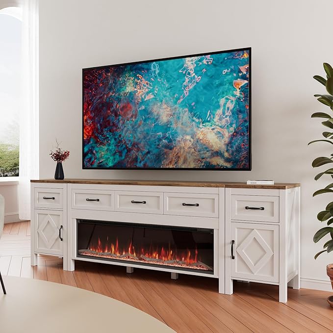 Modern TV Stand with Fireplace for TVs Up to 95 Inch,Entertainment Center with 50" Electric Fireplace,88" TV Console with Storage Cabinet Drawers for Living Room(Off White)