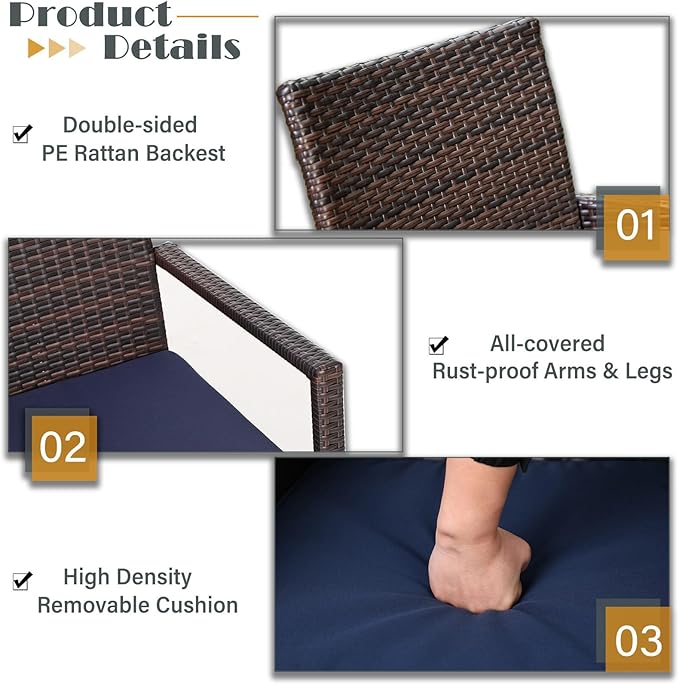 Patio Outdoor Table and Chairs Set with Umbrella Navy, Patio Dining Sets for 6, 7 Pieces Patio Table Set Clearance for Backyard Deck Porch Outside, Metal Table with Hole & Cushioned Rattan Chairs