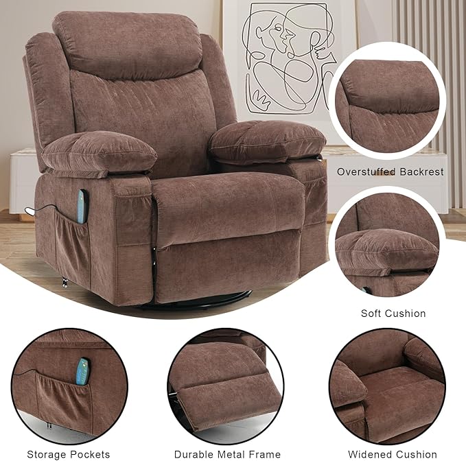 Overstuffed Rocker Recliner Chair with Massage and Heat, Oversized Reclining Swivel Single Sofa, Fabric Rocking Manual Home Theater Recliners Lounge Chairs for Adults Living Room