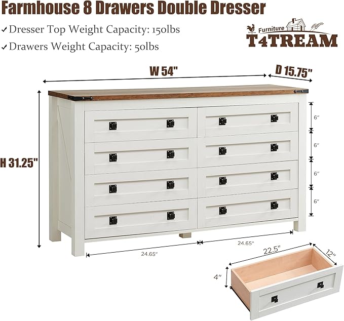 T4TREAM Farmhouse 8 Drawers Dresser for Bedroom, Rustic Wood Wide Double Dresser TV Stand for Living Room, Hallway, Antique White