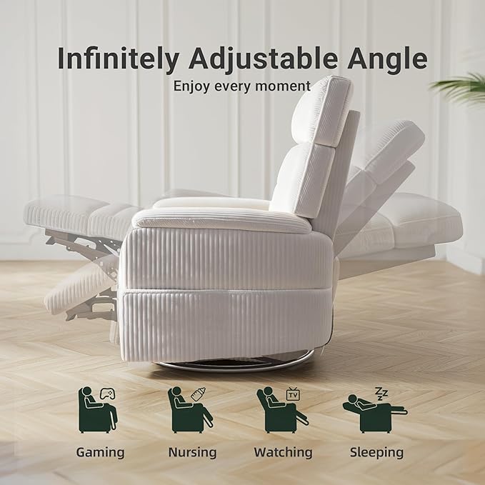 Claiks Power Swivel Rocker Recliner Chair, Oversized Recliner Chairs for Adults, Corduroy Overstuffed Reclining Chair with USB and Type-C Ports for Living Room, White