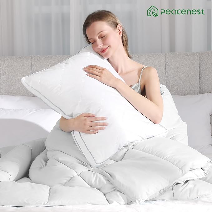 Peace nest Gusseted Bed Pillows Queen 20x30 Inches Set of 2 Made in USA Goose Feathers and Down with Cotton Cover Hotel Collection Luxury Soft Sleeping White Pillow