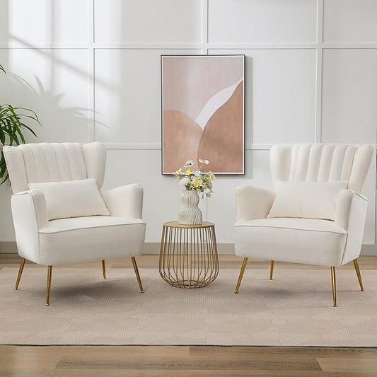 Fabric Accent Living Room Arm Chair Set of 2 Mid Century Modern Chairs with Pillow & Golden Legs, 8.5" Thick Cushion, Upholstered Comfy Sofa Armchair for Reading Room/Bedroom, White