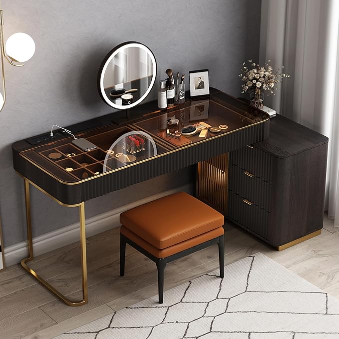 Larits Makeup Vanity with Stool, Very Easy to Assemble, Dressing Table in one, Super Storage with LED Light Vanity Mirror with ash Full Solid Wood upholstered Vanity Stool (Black Brown, 53 in)