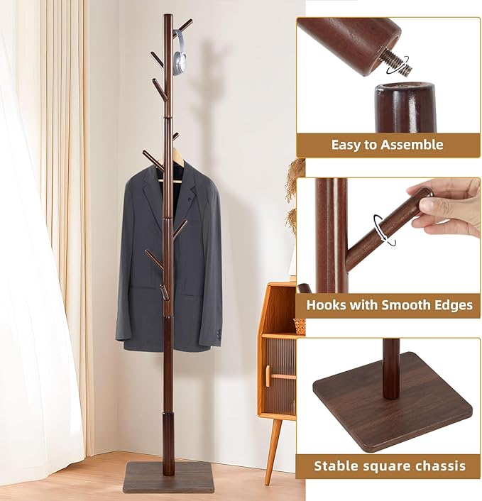 Coat Rack Freestanding with Stable Square Base, Entryway Furniture with 3 Adjustable Sizes and 8 Hooks, Used in Bedroom, Office and Hallway, Brown