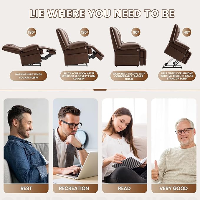 Large Dual Motor Power Lift Recliner Chair with Massage and Heat for Elderly People, Infinite Position,USB Ports and Remote Control,Breathable Leather (Red Brown)