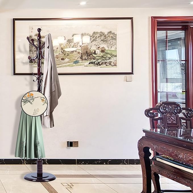 Coat Rack Freestanding, Wooden Tree Coat Rack Stand with 3 Adjustable Sizes Coat Tree and 14 Hooks, Sturdy Hall Tree with Solid Round Base for Entryway, Hallway,Bedroom (Rosewood Ruyi Hook)