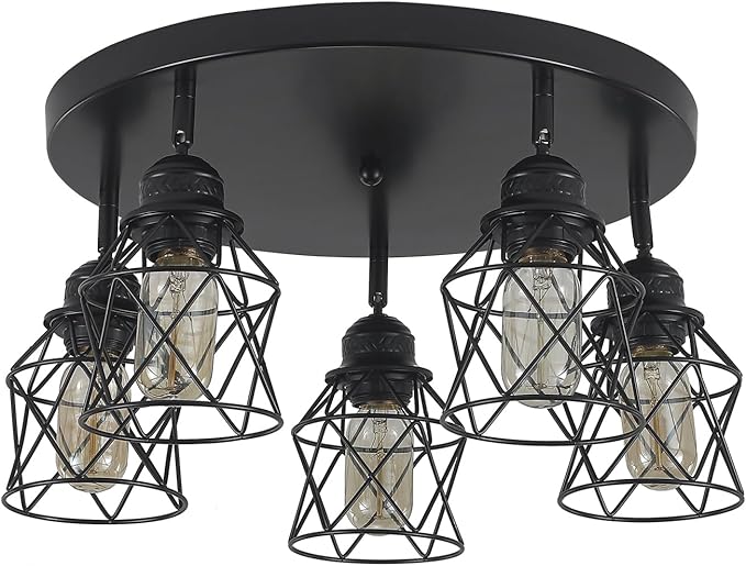 5-Lights Kitchen Light Fixtures Ceiling Mount, Adjustable Multi-Directional Black Flush Mount Ceiling Light, Retro Metal Cage Farmhouse Close to Ceiling Light Fixture for Hallway Dining Room Entryway