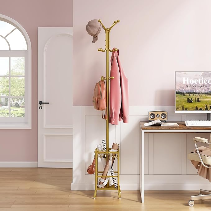 Hoctieon Coat Rack Freestanding, Coat Tree with Umbrella Holder, Metal Coat Rack Stand with 12 Hooks, Standing Coat Hanger Stand, Umbrella Stand for Entryway, Hat Rack Stand for Home Office, Gold