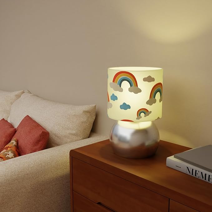 Set of 2 Silver Small Bedside Table Lamps with Rainbow Cloud Pattern Shades (Bulb Included)