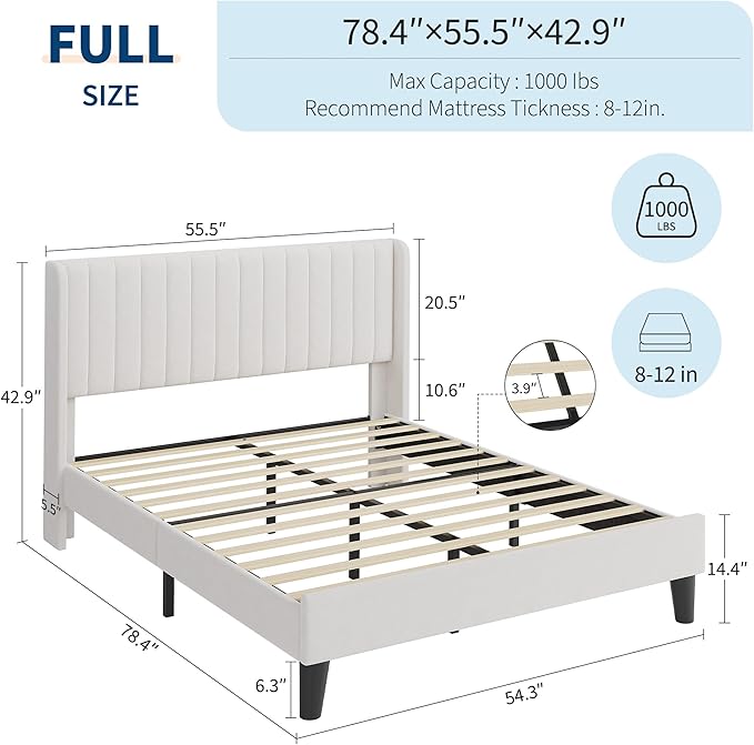 IDEALHOUSE Full Size Velvet Bed Frame/Vertical Channel Tufted Wingback Headboard/Upholstered Platform Bed/Wood Slats/No Box Spring Needed/Easy Assembly/White