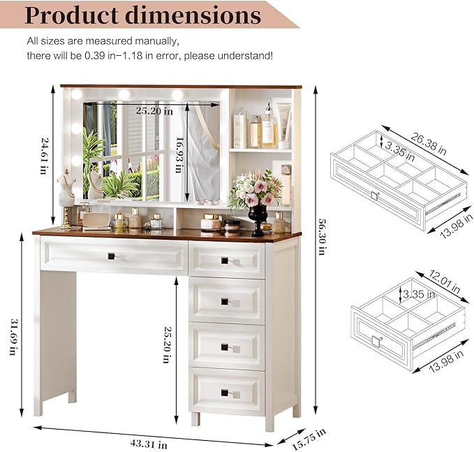 43" Large Vanity Desk with Mirror and Lights,Makeup Vanity with 10 Lights，Modern Makeup Table with 5 Drawers，Open Shelves for Bedroom Makeup Room，Cream