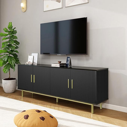 MUUEGM Modern TV Stand for Televisions up to 80 Inch, Entertainment Center with Storage, Cabinet with Fluted Door and Adjustable Shelf, Console Table and Media Furniture for Living Room, Black