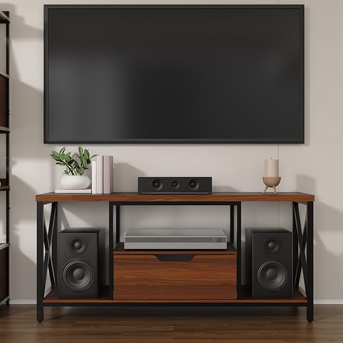 TV Stand with Drawer for TVs up to 60 Inch, Industrial TV Console Table with Open Storage Shelves, Modern Entertainment Center for Living Room, Brown