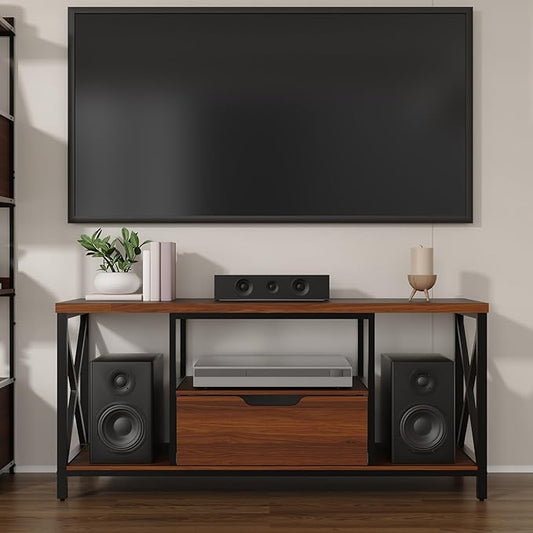 TV Stand with Drawer for TVs up to 60 Inch, Industrial TV Console Table with Open Storage Shelves, Modern Entertainment Center for Living Room, Brown