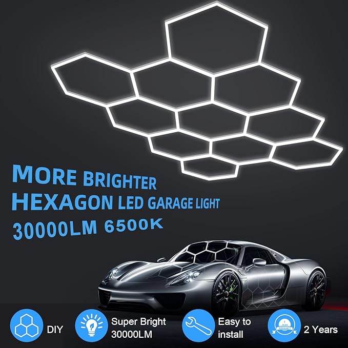 MODERN 11 Hexagon LED Garage Light, Ultra-Bright 6500K Natural White, 11 Grids for Garage, Mall, Shop, and Auto Detailing.