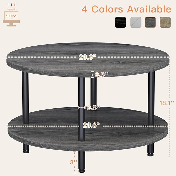 Coffee Table, 2 Tier Coffee Tables for Living Room, Round Coffee Table with Storage, Floor Table for Bedroom, Home Office, Grey (23.6" D x 18.1" H)