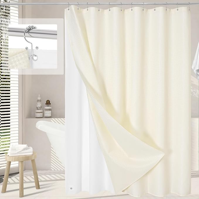 3 in 1 Shower Curtain Set, Cream Waffle Shower Curtain and PEVA Liner Set with 12 Stainless Steel Shower Curtain Hooks, Ivory Waterproof Fabric Shower Curtains for Bathroom, 72 W x 72 H