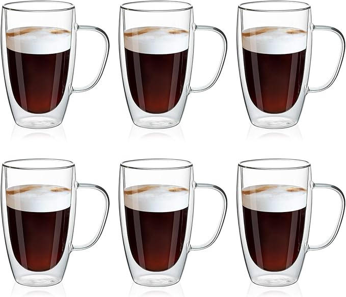 MEWAY 16oz/6 pack Coffee Mugs, Thickened Clear Glass Double Wall Cup with handle for Coffee, Tea, Latte, Cappuccino (16 oz，6)