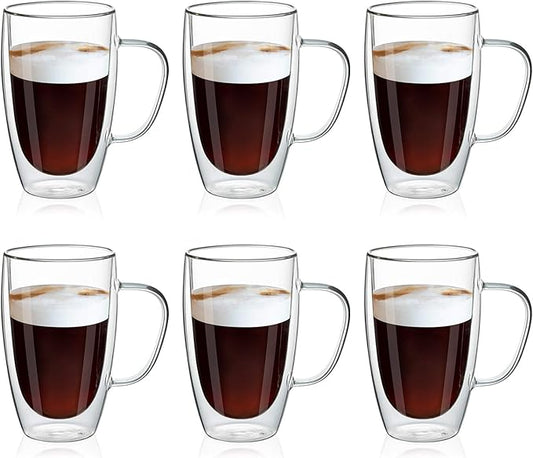 MEWAY 16oz/6 pack Coffee Mugs, Thickened Clear Glass Double Wall Cup with handle for Coffee, Tea, Latte, Cappuccino (16 oz，6)