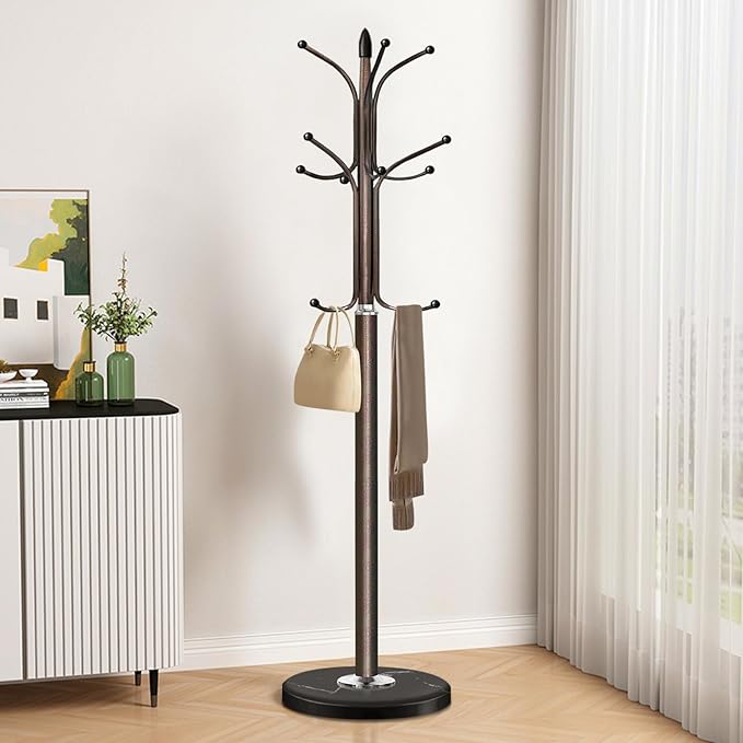 Metal Coat Rack Stand with Natural Marble Base, Coat Rack Freestanding, Free Standing Hall Tree with 12 Hooks for Hanging Clothes, Bags, Scarfs, Coat Hanger for Entryway, Hallway (Brown)