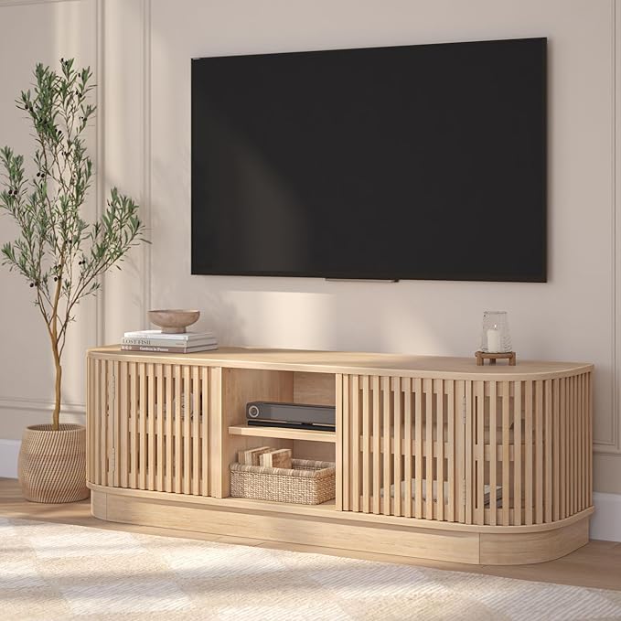 Plank+Beam Contour Wood TV Stand, Solid Wood Entertainment Console with Storage, 59" L x 16" W x 19" H, Blonde