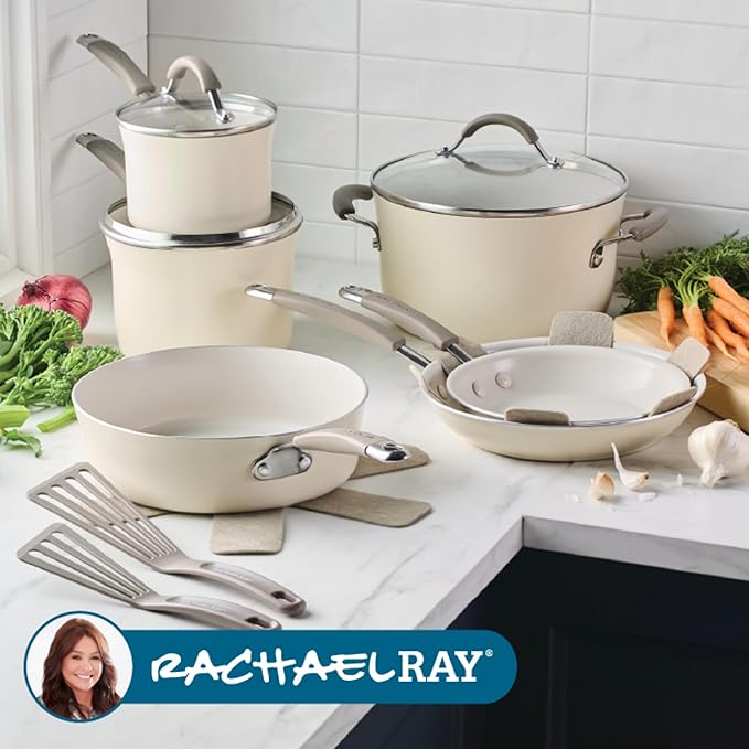 Rachael Ray Cucina Ceramic Cookware Set - 13 Pieces - Ceramic Pots and Pans Set w/Nonstick Frying Pans, Saute Pan, Saucepans, Stockpot, Lids, Pan Protectors & Cooking Utensils - Almond