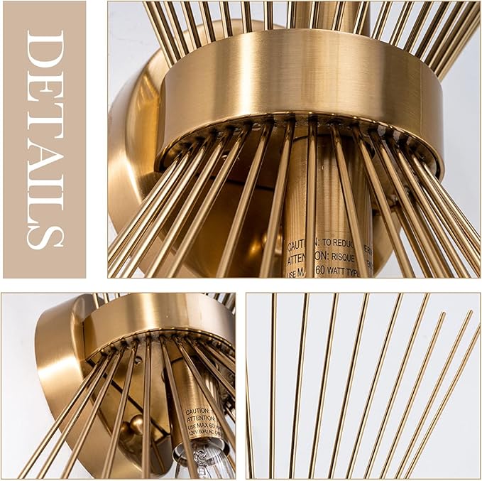 VILUXY Mid-Century Wall Sconces Antique Brass Brush Paint Finish Bedside Wall Sconce Lighting Fixture with Starburst Shade for Bedroom, Hallway, Entryway, Passway, Bathroom, Vanity 2 Pack