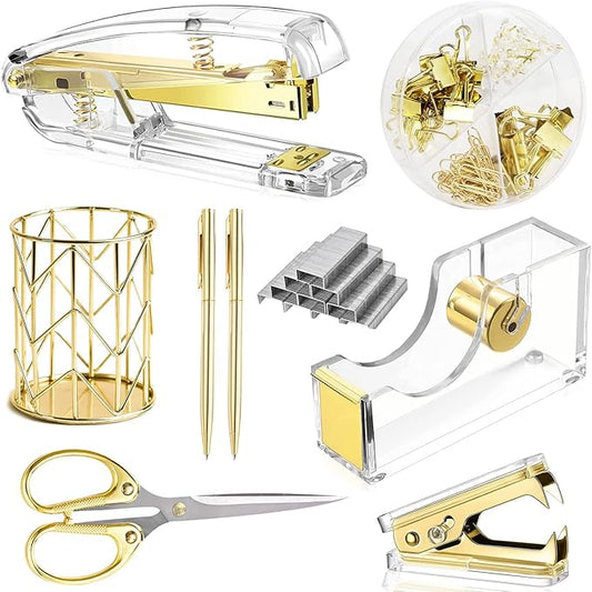 Famassi Gold Desk Accessories，Office Supplies Set Acrylic Stapler Set Staple Remover, Tape/Pen Holder, 2 Ballpoint Pen, Scissor, Binder/Paper Clips and 1000pcs Staples.