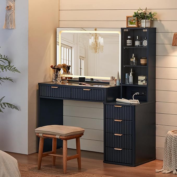 LEYAOYAO Vanity Desk with Mirror and Lights, 43.5'' Fluted Makeup Vanity with 6 Drawers and Adjustable Shelves, Glass Top Make Up Vanity, Girls Wood Dressing Table with Power Outlet for Bedroom